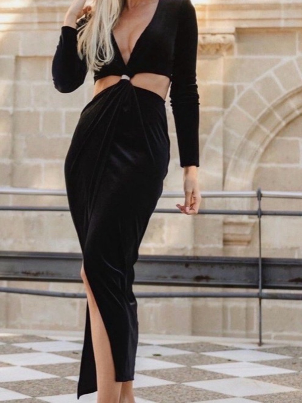 Zara Black Cutout Velvet Maxi Dress - Elegant Evening Pencil Dress